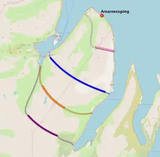 Четыре возможных варианта расположения Аульфтафьярдаргёйнг (верху обозначен старый тоннель Аднарнессгёйнг)