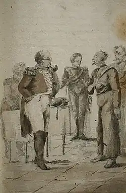 Чеслав Монюшко (отец Станислава Монюшко). Маршал Даву (слева) в своём штабе общается с казаком или поляком. Любительский рисунок с натуры, позволяющий лучше представить характер маршала.