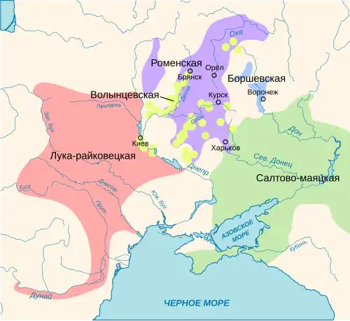 Археологические культуры последней четверти 1-го тысячелетия юга Восточной Европы (Роменская культура обозначена фиолетовым цветом)