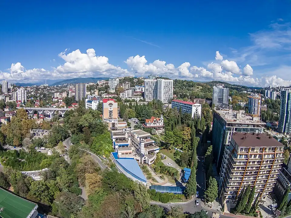 Общий вид микрорайона Светлана с дачей Якобсона. Видны корпуса санатория «Светлана» и Верещагинский виадук (слева).