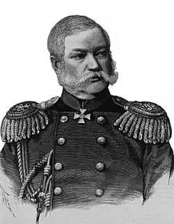 Генерал-адъютант А. К. Баумгартен,начало 1880-х годов, гравюра И. И. Матюшинапо рисунку П. Ф. Бореля