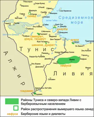 Анклавы восточнозенетских языков и диалектов на карте берберских языков Туниса и северо-западной Ливии