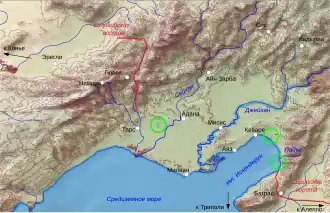 1) Место, где османский флот устроил ловушку.2) Примерное место сражения