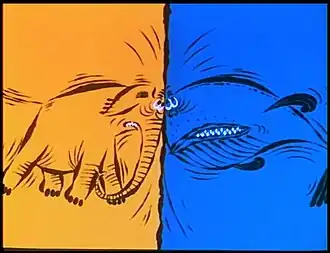 Кадр из мультфильма «Великая битва слона с китом»