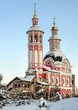 Вид с северо-запада на колокольню и церковь Спаса Всемилостивого