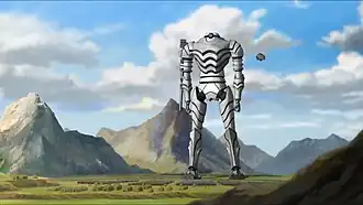 Гигантский робот Кувиры на подходек Республиканскому городу