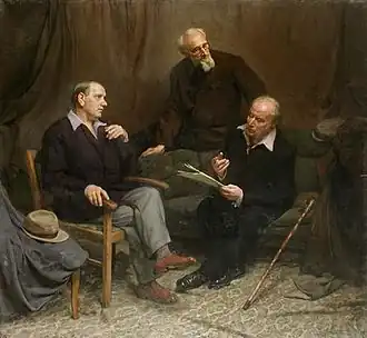 Художник Валентин Волков. Групповой портрет деятелей белорусского театра Г. П. Глебова, О. П. Марикса, В. И. Владомирского (справа) 1959 год.