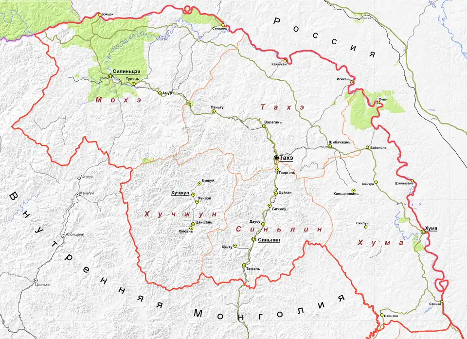 Карта адм. деления округа Да-Хинган-Лин (Китай).