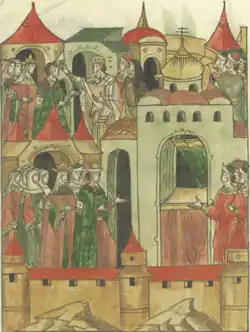 Епископ Тверской Симеон благославляет княгиню Оксинью и её сына Михаила