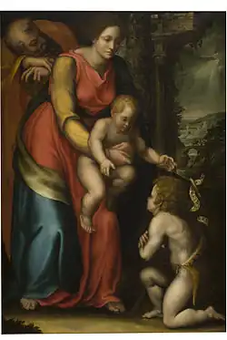 Картина «Святое семейство с младенцем Иоанном Крестителем». Около 1516—1517 года. Италия. Себастьяно дель Пьомбо.