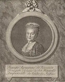 Портрет княжны Агриппины (Аграфены) Александровны Куракиной (1734–1791), (гравюра по утраченному оригиналу Ф. С. Рокотова), 1780-е гг.