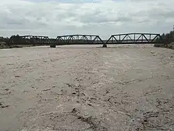 Река в половодье. Вид на железнодорожный мост.