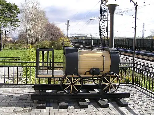 Макет паровоза Черепановых на станции Билимбай