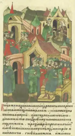 Князь Михаил (справа) гневается на Дмитрия Донского