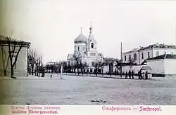 Церковь мужского духовного училища, разрушена, само здание училища, ныне дом 62, принадлежит МО РФ. Почтовая карточка 1900-х годов