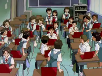 Синдзи Икари рассказывает одноклассникам, что он является пилотом Евангелиона-01