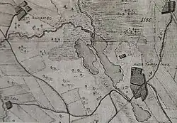 Гатчинская мыза в 1746 году. На месте Серебряного озера, Карпиного пруда, Холодных ванночек и северо-западной части Белого озера находятся болота, которые были позднее осушены и использовались для добычи гажи, из которой делалась водостойкая штукатурка во дворце.