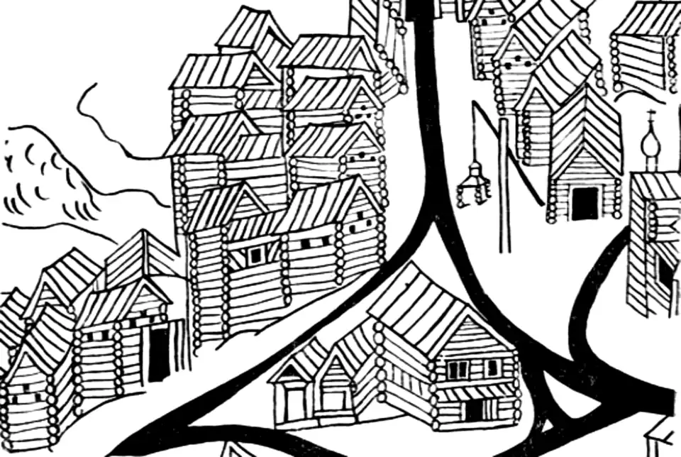 Жилые дома на фрагменте плана Тихвинского посада (Ленинградская обл.). 1678 г. Слева вверху — трёхкамерные избы-связи на подклетах