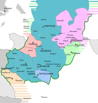 Тёмно-зелёным отмечены княжества, пославшие войска на Полоцк в 1127 году