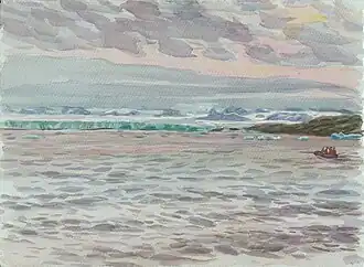 Максимильян Пресняков. Высадка автономной группы экспедиции «Шпицберген-2014» на ледник Негрибреэн (акварель, 2014)