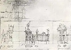 Проектный рисунок ворот и ограды Святского дворца, автор Д. Сакко. XVIII век.