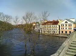 Река Пскова и микрорайон Золотая набережная во время наводнения к 11 апреля 2011 года