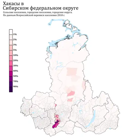 Расселение хакасов в СФО по городским и сельским поселениям в %, перепись 2010 г.