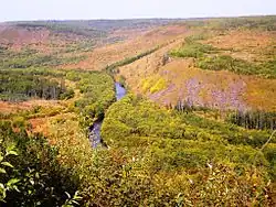 Река Большая Дюанка течёт между сопок. Съёмка с дороги, высота около 200 метров