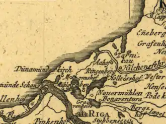 Река Ланга на карте Лифляндии и Эстляндии, составленной в 1772 году Отто Фридрихом фон Пистолькорсом