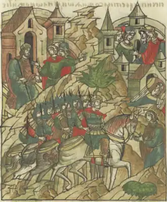 Ростислав в походе на Черниговского князя Изяслава II встречает посланцев с вестью о смерти князя Вячеслава