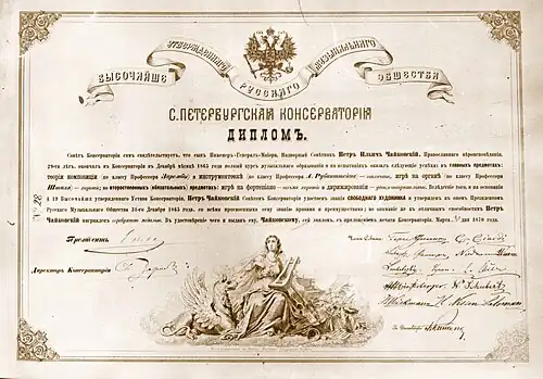 В качестве эмблемы использовался императорский герб и лента с надписью «Высочайше Утвержденное Русское Музыкальное Общество» (диплом 1860 года)