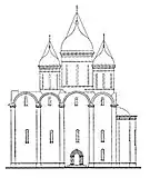 Софийский собор до 1613 г. по В. С. Баниге с предполагаемыми шлемовидными завершениями глав