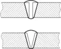 Стыковое сварное соединение. Сверху - без раздела кромок, снизу - с симметричной V-образной разделкой кромок под сварку.