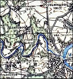 Участок карты 1941 года. Эта карта использовалась частями Советской армии во время Великой Отечественной войны. Цифры у населённых пунктов — количество домов