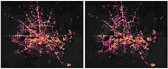 Ночные спутниковые снимки Хьюстона 7 и 16 февраля 2021 года