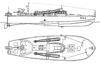 Схема катера MAS 551, в носовой части расположены погружаемые гидрофоны.