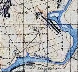 Водохранилище на фрагменте немецкой карты M-36-139-D 1942 года, в районе Рыбасово и Соколовки.