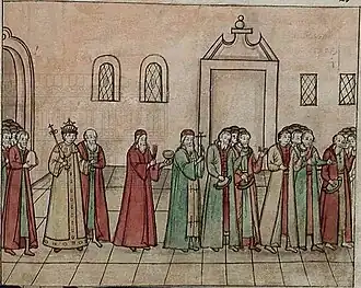 «А за государем шел с колпаком князь Федор княж Борисов сын Татев, а за ним шли стольники и стряпчие, которые остались за чинами, а чины свадебные урежал думной дьяк Иван Курбатов сын Граматин да дьяк Михайло Данилов. А поезжан и дворян, которые у царицыных саней ведали, избирали окольничей князь Данило Иванович Долгорукой да дьяк Петр Овдокимов.»