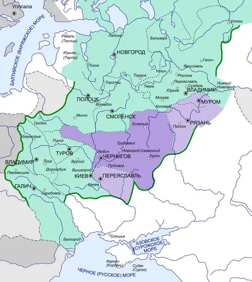 Черниговское княжество на карте Руси XIII векасветлым фоном обозначены потерянные территориина юге (1036) и востоке (1127)