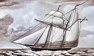 Однотипная с «Забиякой» шхуна «Ласточка» на литографии Подустова, выполненной по рисунку В. А. Прохорова