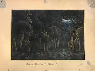 Эскиз декорации. Густой лес, затопленный водой. "Чурова долина, или Сон наяву". Москва, Большой Петровский театр