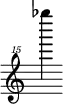 { \new Staff \with { \remove "Time_signature_engraver"} {\clef "treble^15" ges''''''4}}