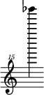 { \new Staff \with { \remove "Time_signature_engraver"} {\clef "treble^15" bes'''''''4}}