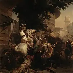 Гоше де Шатийон в одиночку защищает вход на улицу в пригороде Минье. Версаль