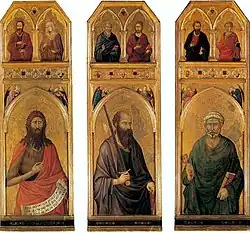 Три части алтаря из церкви Санта-Кроче. В среднем ряду: Иоанн Креститель, апостолы Павел и Пётр. Вверху: Святые Матфий и Елизавета Венгерская, Матфей и Иаков-младший, Иаков-старший и Филип. Берлин, Государственные музеи