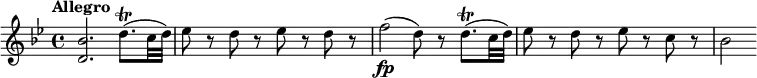 \relative c'' {
\override Score.NonMusicalPaperColumn #'line-break-permission = ##f
\key bes \major
\tempo "Allegro"
<bes d,>2. d8.\trill( c32 d) |
es8 r d r es r d r |
f2\fp( d8) r d8.\trill( c32 d) |
es8 r d r es r c r |
bes2
}