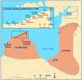 Средневековые ливонские области (коричневые). На врезке показаны ливонские деревни в начале 20-го века.