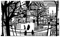 «Весенний вечер на атаманском подворье». Линогравюра, 45,5х76, 2016