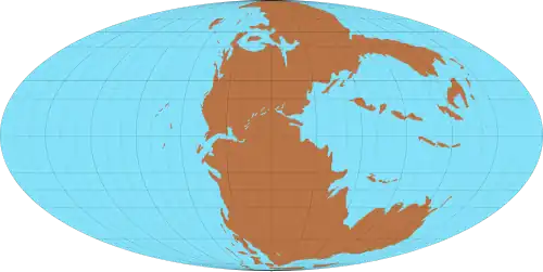 Карта континентов в середине верхнего триаса (220 млн лет назад)