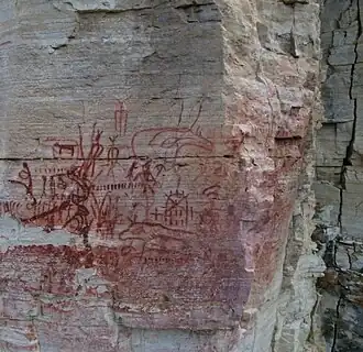 Наскальные рисунки Суруктах-Хая
(у реки Марха, на правом берегу, в 100 км к северо-западу от с. Хатын-Тумул)